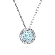 Lady's White 14 Karat Color Collection, Halo Necklace Length 18 With One = 0.47Ct Round Aquamarine And = 0.07Tw Round G/H Si2 Diamonds