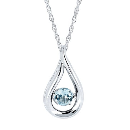 Lady's White Sterling Silver Teardrop Pendant With Shimmering Necklace Length 18 one = 0.25ct Round Aquamarine