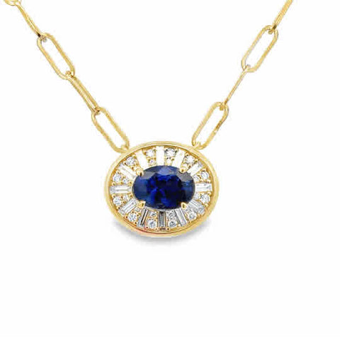 Lady's Yellow 14 Karat Oval Custom Halo, Stationary Necklace Length 18 one = 1.92ct Oval Sapphire
= 0.34tw Baguette G/H VS2 Diamonds
= 0.15tw Round G/H VS2 Diamonds