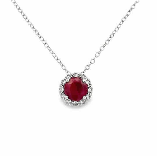 Lady's White Sterling Silver Halo Necklace one = 6.00mm Round Ruby,  Dyed to Enhance Color
12 = Round White Topazs