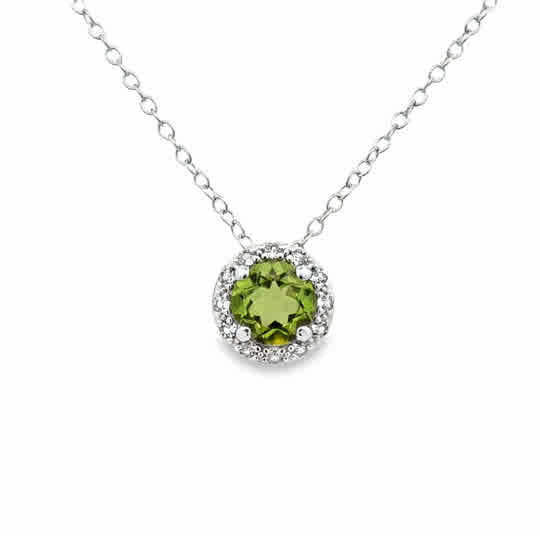 Lady's White Sterling Silver Halo Necklace one = 6.00mm Round Peridot
12 = Round White Topazs