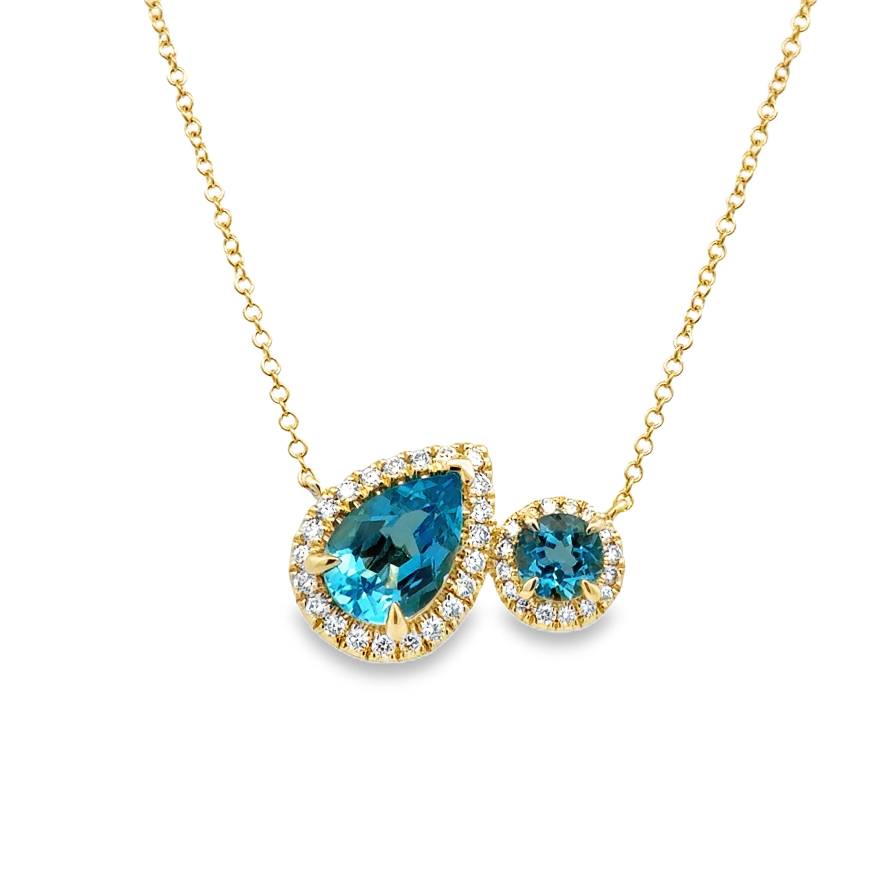 Lady's Yellow 14 Karat Toi Et Moi Stationary Necklace Necklace Length 17.5 With 2 = 2.84Tw Various Shapes Blue Topazs And = 0.32Tw Round G/H Si2 Diamonds