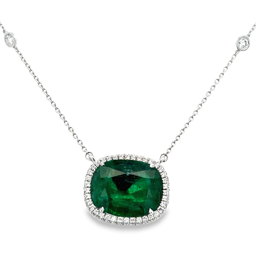 Lady's White Platinum Sationary Halo With Diamond By The Inch Chain Necklace one = 7.18ct Cushion Emerald
78 = 0.42tw Round G/H SI1 Diamonds
6 = 0.32tw Round G/H SI1 Diamonds