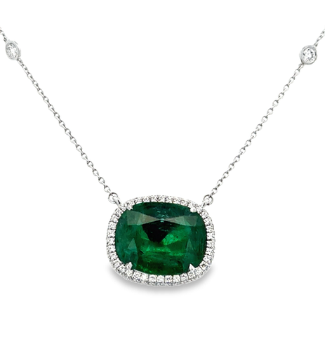 Lady's White Platinum Sationary Halo With Diamond By The Inch Chain Necklace one = 7.18ct Cushion Emerald
78 = 0.42tw Round G/H SI1 Diamonds
6 = 0.32tw Round G/H SI1 Diamonds