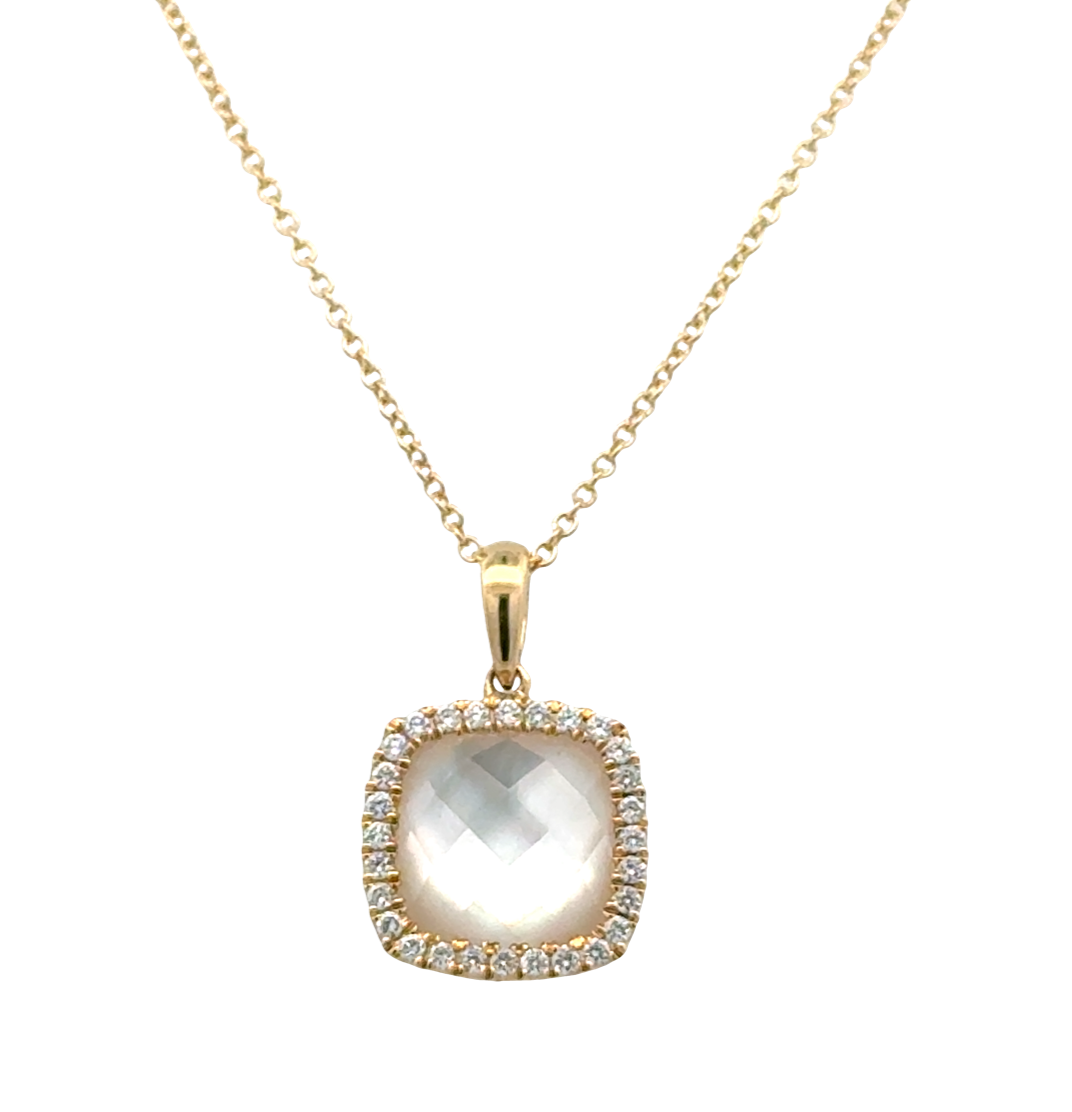 Lady's White 18 Karat Cushion Halo Necklace Length 18 With One = 2.94Ct Cushion Clear Quartz Over Mother Of Pearl And 28 = 0.16Tw Round G/H Si1 Diamonds