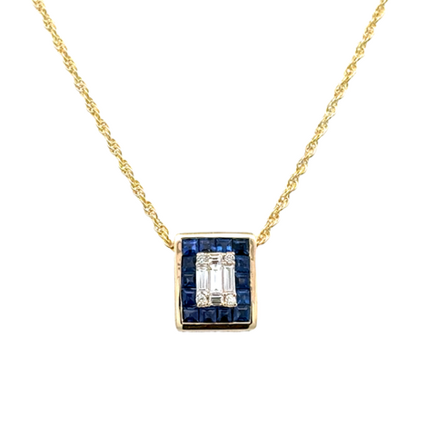 Lady's Yellow 14 Karat Modern Halo Necklace Length 18 = 0.84tw Princess Sapphires
= 0.18tw Various Shapes G/H SI1 Diamonds