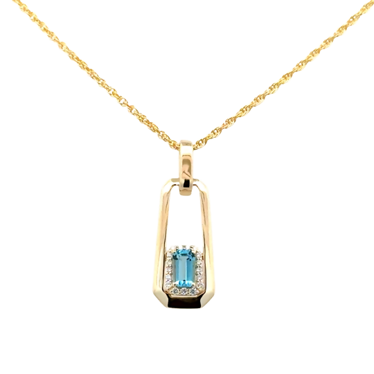 Lady's Yellow 14 Karat Modern Drop Style Necklace one = 0.33ct Emerald Blue Topaz
= 0.07tw Round G/H SI1 Diamonds