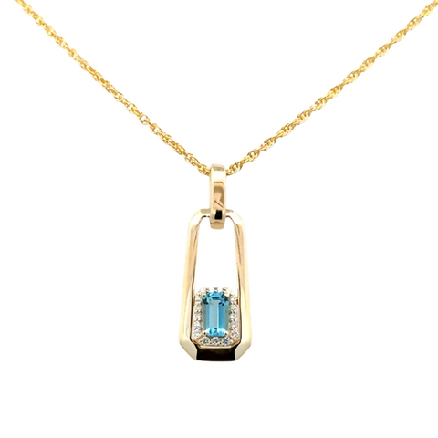 Lady's Yellow 14 Karat Modern Drop Style Necklace one = 0.33ct Emerald Blue Topaz
= 0.07tw Round G/H SI1 Diamonds