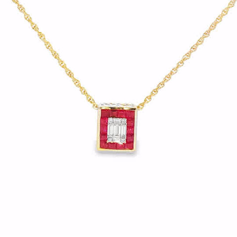 Lady's Yellow 14 Karat Modern Halo Necklace Length 18 = 0.82tw Princess Rubys
= 0.18tw Various Shapes G/H SI1 Diamonds