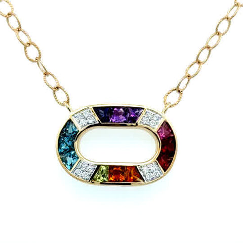 Lady's Yellow 14 Karat Oval, Stationary With Paperclip Necklace Length 18 = 1.29tw Princess Multi Stones
= 0.10tw Round G/H SI1 Diamonds