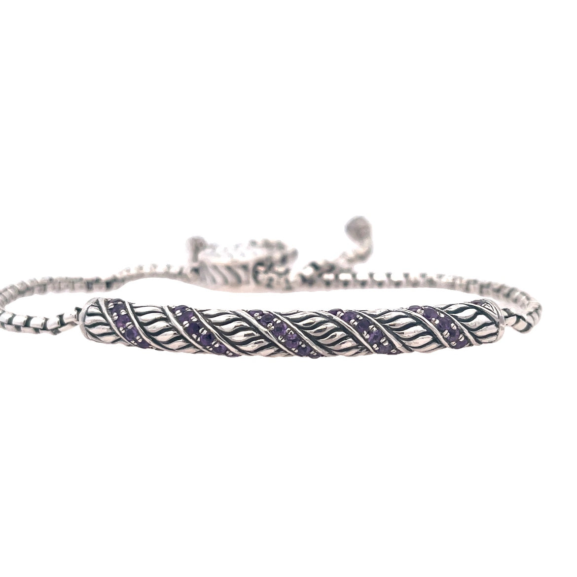 Lady's White Sterling Silver Pave' Swirl Bolo Bracelet With Round Amethysts