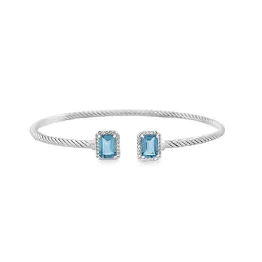 Lady's White Sterling Silver Emerald Halo Cuff Bracelet Length 7.25 With 2 7.00X5.00Mm Emerald Blue Topazs And Round White Topazs