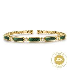 Lady's Yellow 14 Karat Bujukan Collection, Bezel Stations With 3.47Ct Of Malachite Bracelet Length 6.25 With = 0.21Tw Round G/H Si2 Diamonds