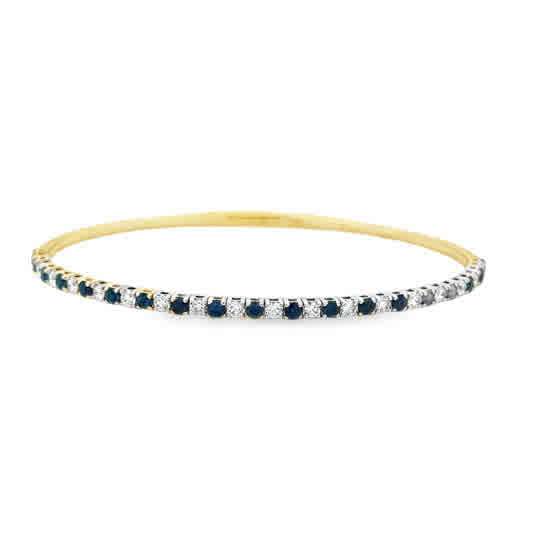 Lady's Yellow 14 Karat Flexible Bangle, Alternating Bracelet Length 6.75 = 1.10tw Round Sapphires
= 0.75tw Round G/H SI2 Diamonds