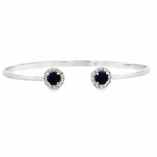 Lady's White Sterling Silver Open Halo Bangle Bracelet 2 = 5.00mm Round Sapphires, Dyed to Enhance Color.
= Round White Topazs