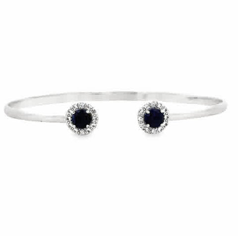 Lady's White Sterling Silver Open Halo Bangle Bracelet 2 = 5.00mm Round Sapphires, Dyed to Enhance Color.
= Round White Topazs
