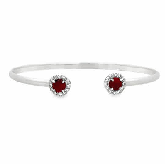 Lady's White Sterling Silver Open Halo Bangle Bracelet 2 = 5.00mm Round Rubys  Dyed to Enhance Color.
= Round White Topazs