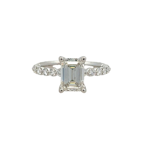 Lady's White 14 Karat Prong Set Lab Created Ring Size 7 With One 2.00Ct Emerald F/G Vs2 Lab Created Diamond And 14=0.39Tw Round G/H Si1 Lab Created Diamonds