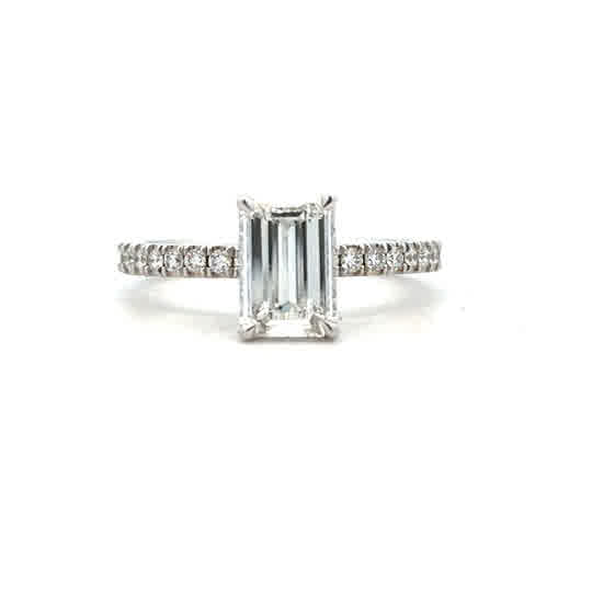 Lady's White 14 Karat Prong Set Lab Created Ring Size 6.5 With One 1.11Ct Emerald F Vs1 Lab Created Diamond And 30=0.30Tw Round G Vs2 Lab Created Diamonds