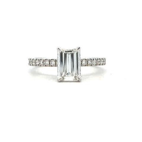 Lady's White 14 Karat Prong Set Lab Created Ring Size 6.5 With One 1.11Ct Emerald F Vs1 Lab Created Diamond And 30=0.30Tw Round G Vs2 Lab Created Diamonds