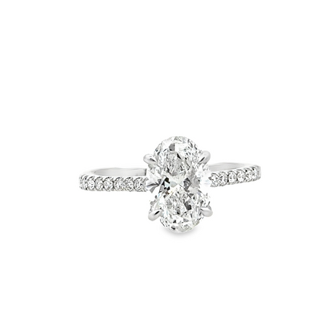 Lady's White 14 Karat Prong Set Cathedral, With Hidden Halo Lab Created Ring With One = 2.06Ct Oval F Vs2 Lab Created Diamond And 36 = 0.22Tw Round G/H Si1 Diamonds