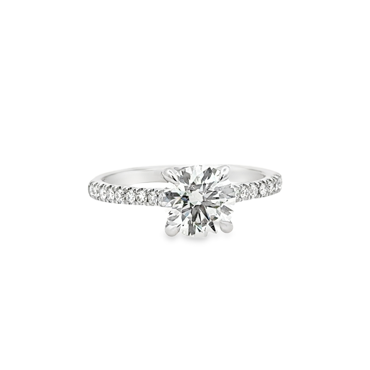Lady's White 14 Karat Prong Set Cathedral With Hidden Halo Lab Created Ring With One = 1.51Ct Round F Vs2 Lab Created Diamond And 30 = 0.25Tw Round G/H Si1 Lab Created Diamonds