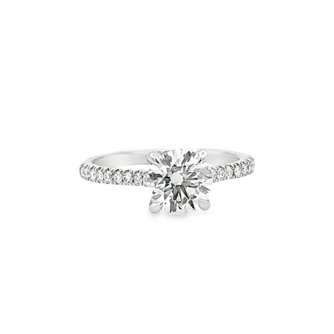 Lady's White 14 Karat Prong Set Cathedral With Hidden Halo Lab Created Ring With One = 1.51Ct Round F Vs2 Lab Created Diamond And 30 = 0.25Tw Round G/H Si1 Lab Created Diamonds