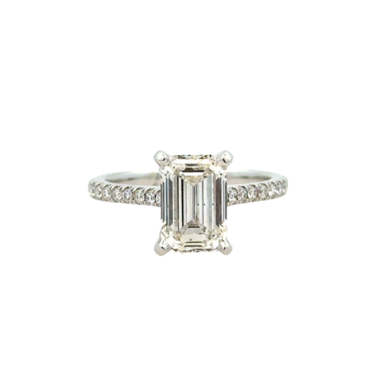 Lady's White 14 Karat Prong Set, Cathedral With Hidden Halo Lab Created Ring Size 7 With One = 2.66Ct Emerald G Vs2 Lab Created Diamond And 36 = 0.30Tw Round G/H Si1 Lab Created Diamonds
