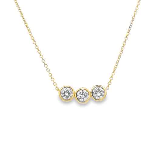Lady's Yellow 14 Karat Three Stone Bezel, Stationary Lab Created Necklace With 3 0.875Tw Round G/H Si1 Lab Created Diamonds Style: Link
Metal: 14 Karat
Color: Yellow
Finish: Polished