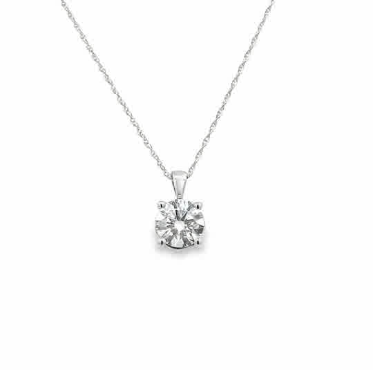 Lady's White 14 Karat Four Prong Solitaire Lab Created Necklace With One = 1.00Ct Round F/G Vs2 Lab Created Diamond
