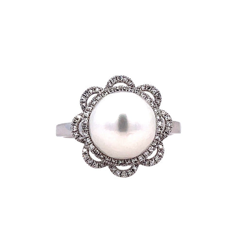 Lady's White 14 Karat Floral Halo Ring With One Cultured Pearl And 0.19Tw Round G/H Si1 Diamonds