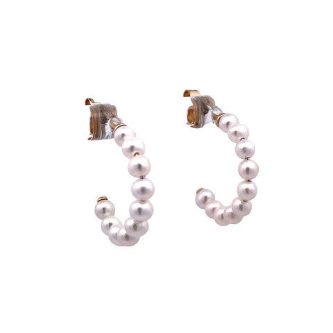 Lady's Yellow 14 Karat Hoop Earrings With Cultured Pearls