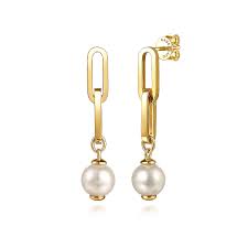 Lady's Yellow 14 Karat Drop Link Dangles Earrings With 2 = Fresh Water Pearls