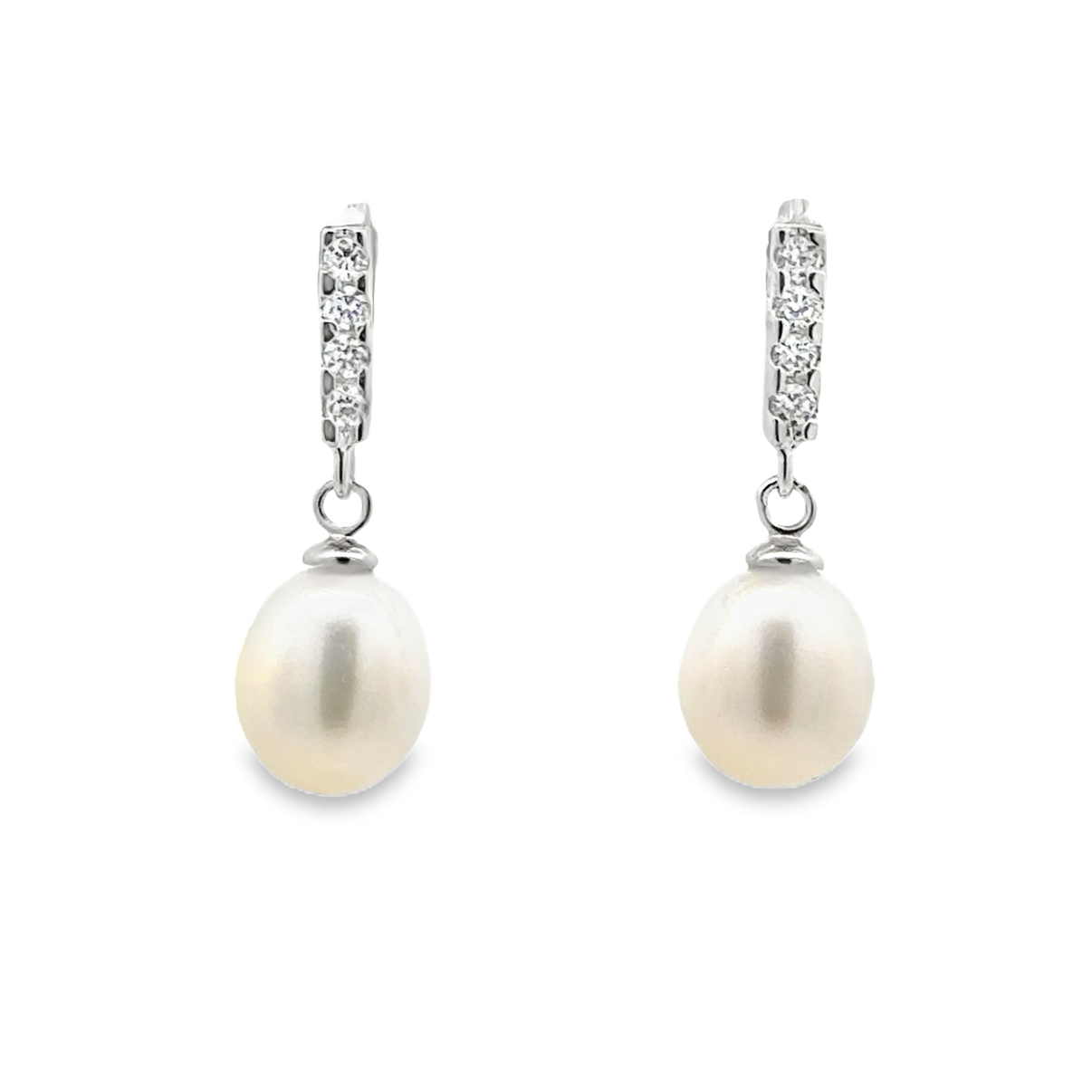 Lady's White Sterling Silver Dangle Drop Earrings With 2= Fresh Water Pearls And R Cubic Zirconiums