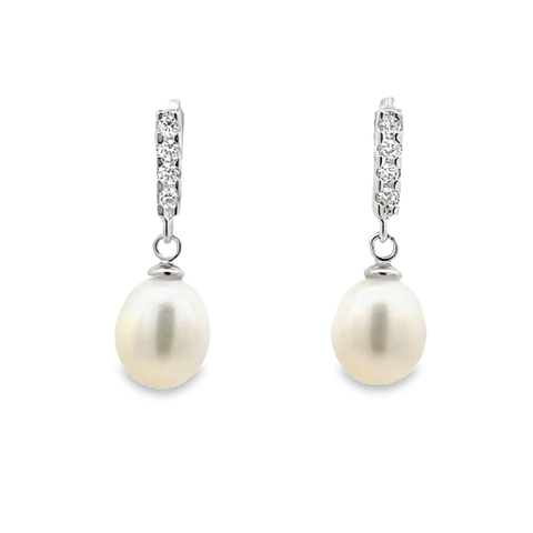 Lady's White Sterling Silver Dangle Drop Earrings With 2= Fresh Water Pearls And R Cubic Zirconiums