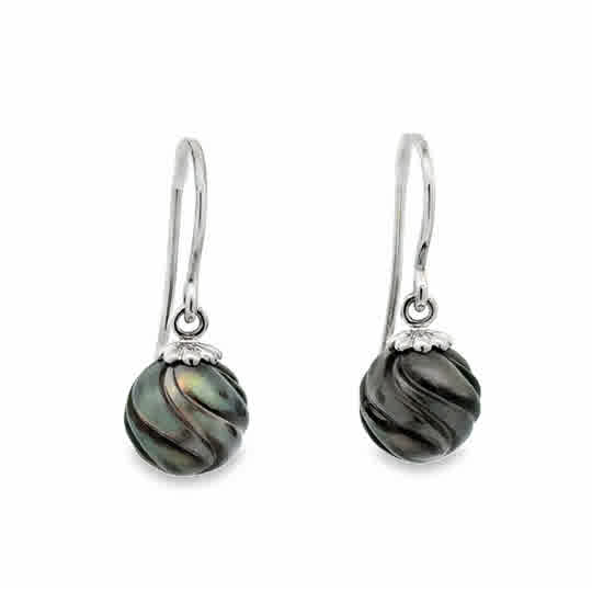Lady's White 14 Karat Carved, Pacifica Dangle Earrings With 2 = 9.50-10.00Mm South Sea Black Pearls