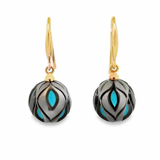 Lady's Yellow 14 Karat Carved, Dangle Earrings 2 = 11.00mm Fresh Water Black Pearls