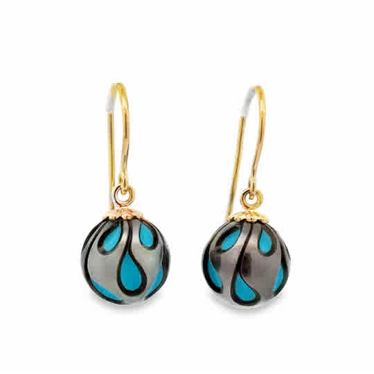 Lady's Yellow 14 Karat Carved, Teardrop Earrings 2 = 10.00mm Fresh Water Black Pearls