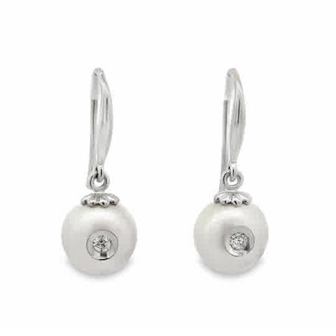Lady's White 14 Karat Dangle Earrings With 2= Fresh Water Pearls And 2=0.08Tw Round G/H Si1 Diamonds