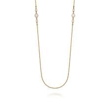 Lady's Yellow 14 Karat Station Necklace Length 32 With Fresh Water Pearls