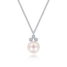 Lady's White 14 Karat Lusso Collection, Drop Necklace Length 17.5 With One = Fresh Water Pearl And = 0.07Tw Round G/H Si2 Diamonds