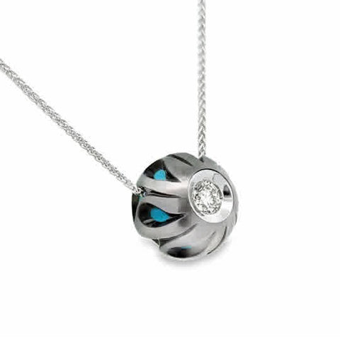 Lady's White 14 Karat Carved, Diamond In A Pearl Necklace Length 18 With One = Fresh Water Black Pearl And One = 0.20Ct Round G/H Si2 Diamond