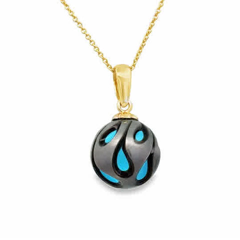 Lady's Yellow 14 Karat Carved, Teardrop Necklace With One = 12.00Mm Fresh Water Black Pearl