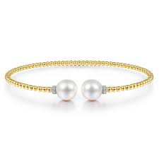 Lady's Yellow 14 Karat Bujukan Collection, Split Bangle Bracelet Length 6.25 With 2 = Fresh Water Pearls And = 0.05Tw Round G/H Si2 Diamonds