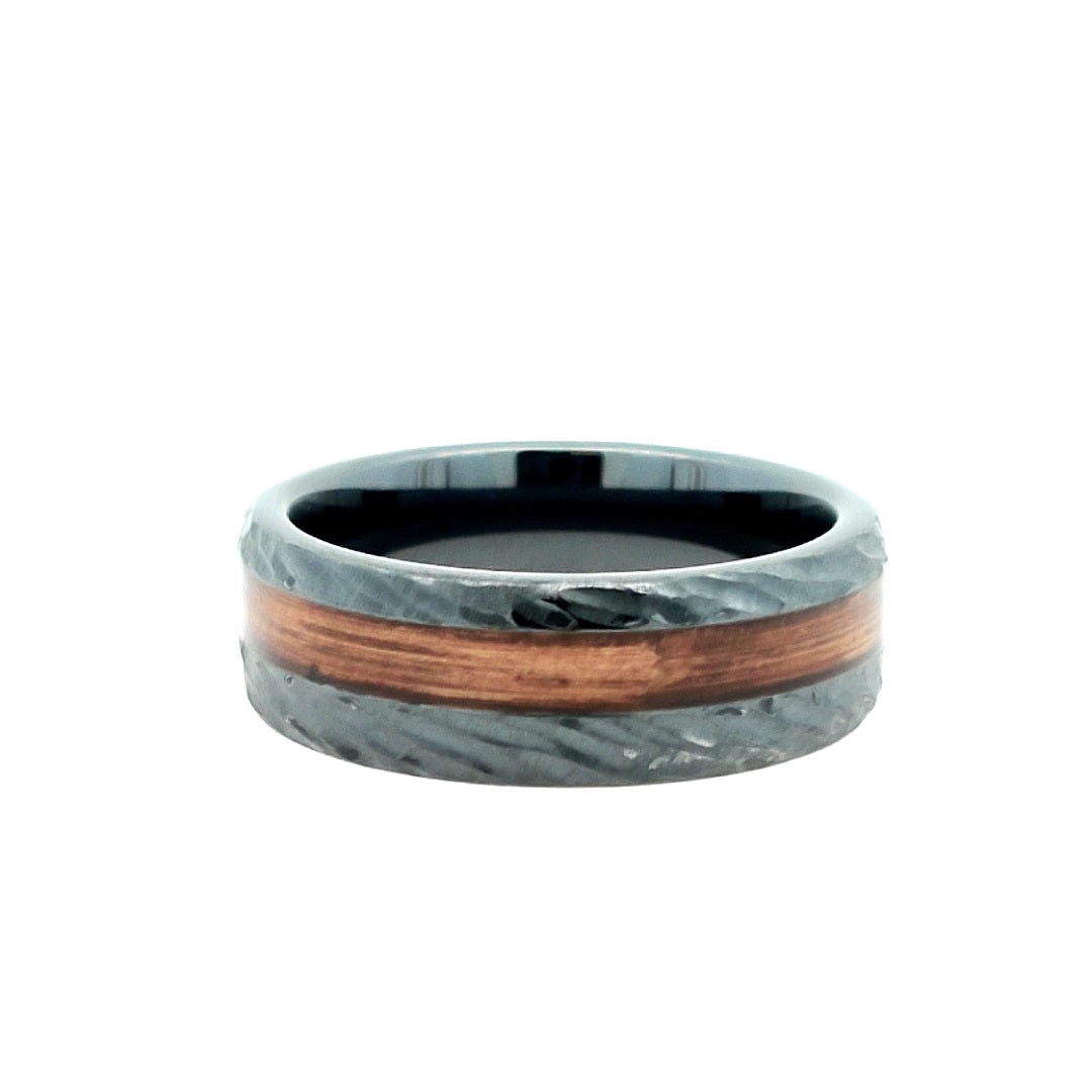Gent's Black Ceramic 8Mm, With Flat 3Mm Oc Bourbon Bark2 Gents Ring Size 10.5