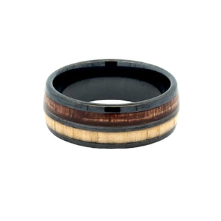 Gent's Black Ceramic 8Mm With 2Mm Ash And 2Mm Hickory, Gents Ring Size 9.5