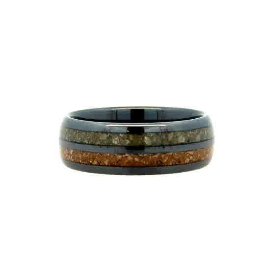 Gent's Black Ceramic Polish 8Mm With Dual 2Mm Dinosaur Bone Inlay, Green And Brown Gents Ring Size 10