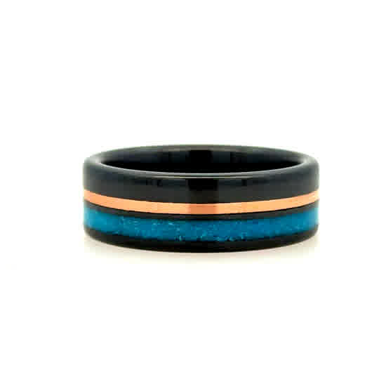 Gent's Black Ceramic Polish 8Mm Flat, With 1Mm Gold, And 2Mm Turquoise Inlay Gents Ring Size 10