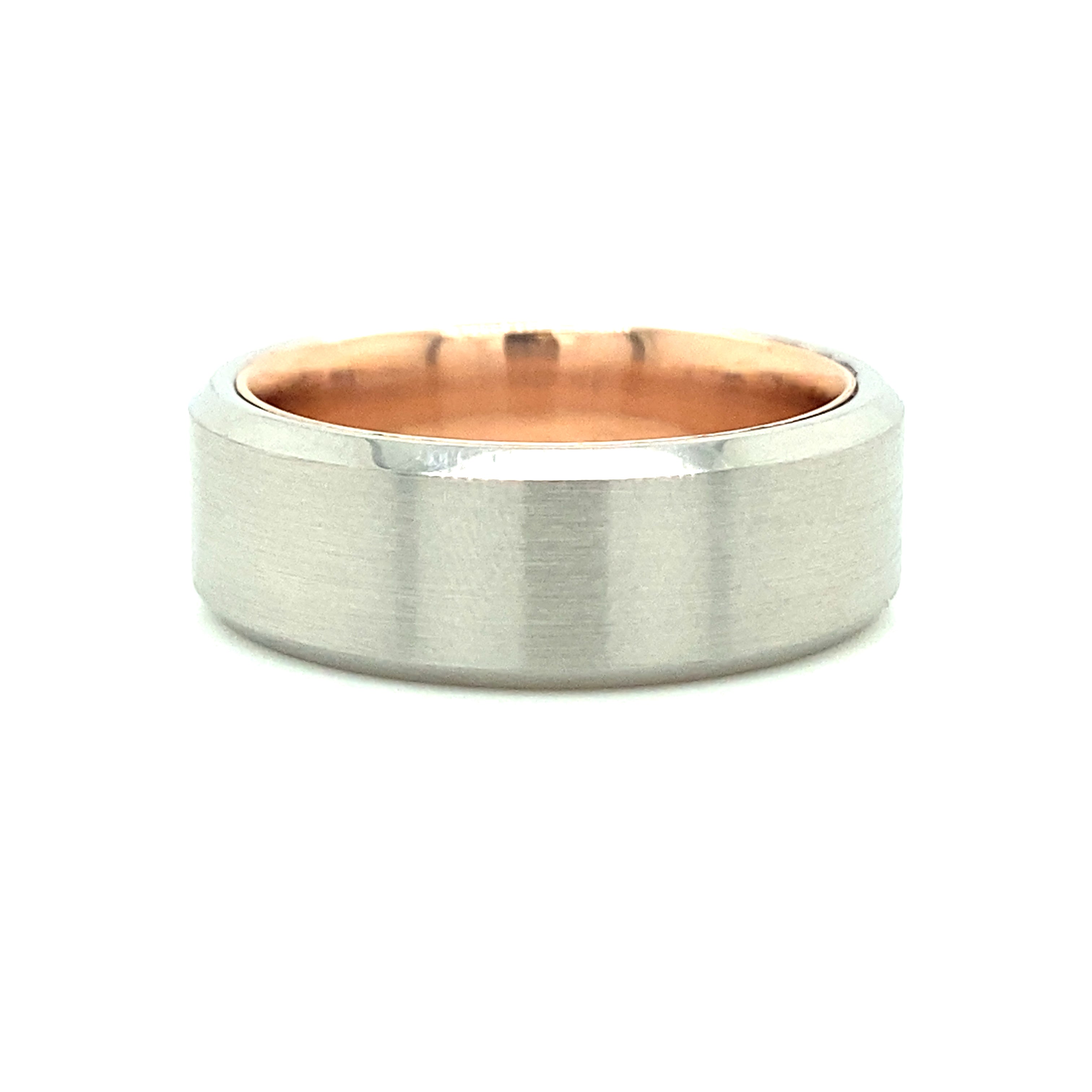 White/Rose Satin Serinium/10 Karat 8Mm Hidden Gold With Beveled Edge Wedding Band Size 10.5