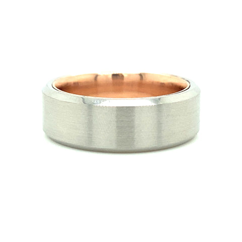 White/Rose Satin Serinium/10 Karat 8Mm Hidden Gold With Beveled Edge Wedding Band Size 10.5